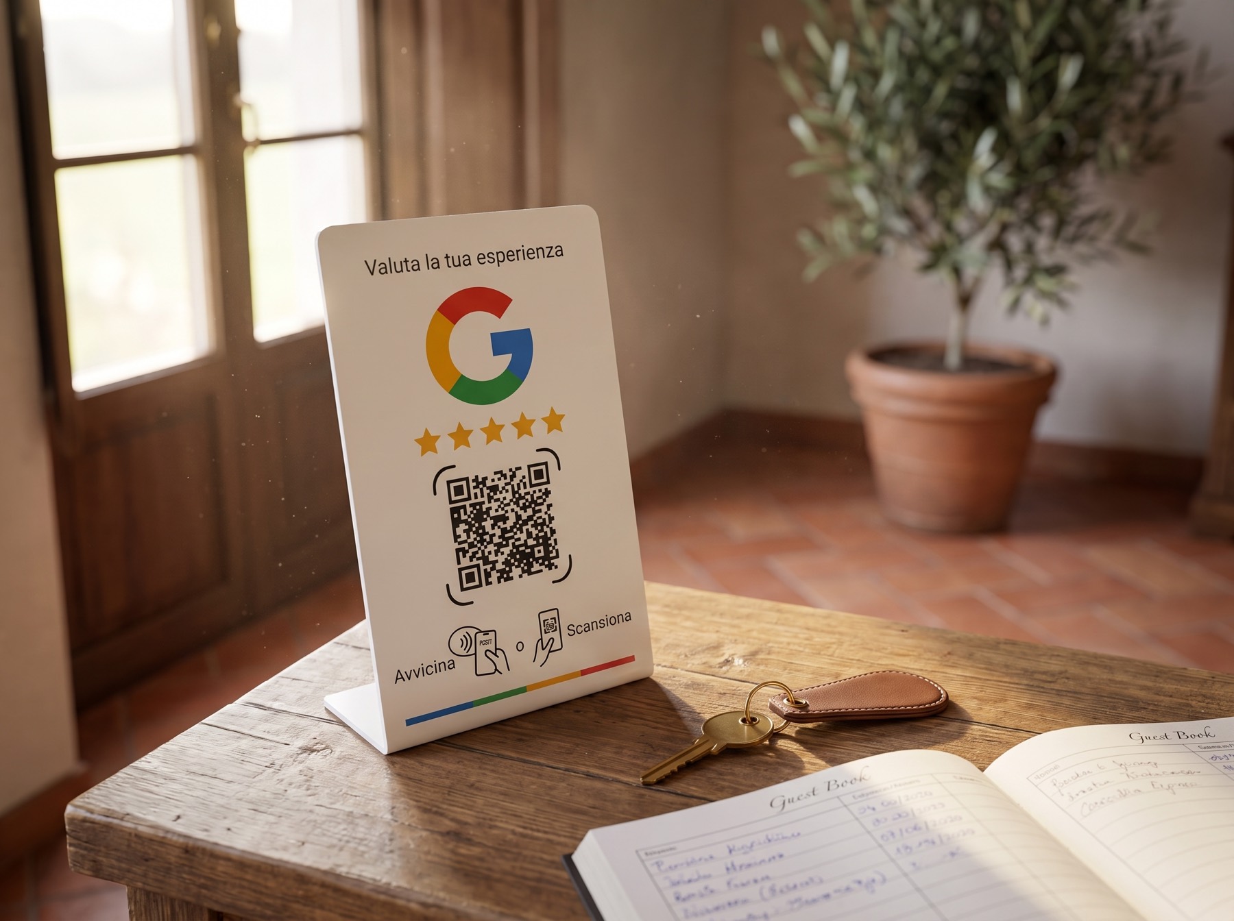 Espositore autoportante per recensioni Google alla reception di un bed and breakfast, accanto alle chiavi