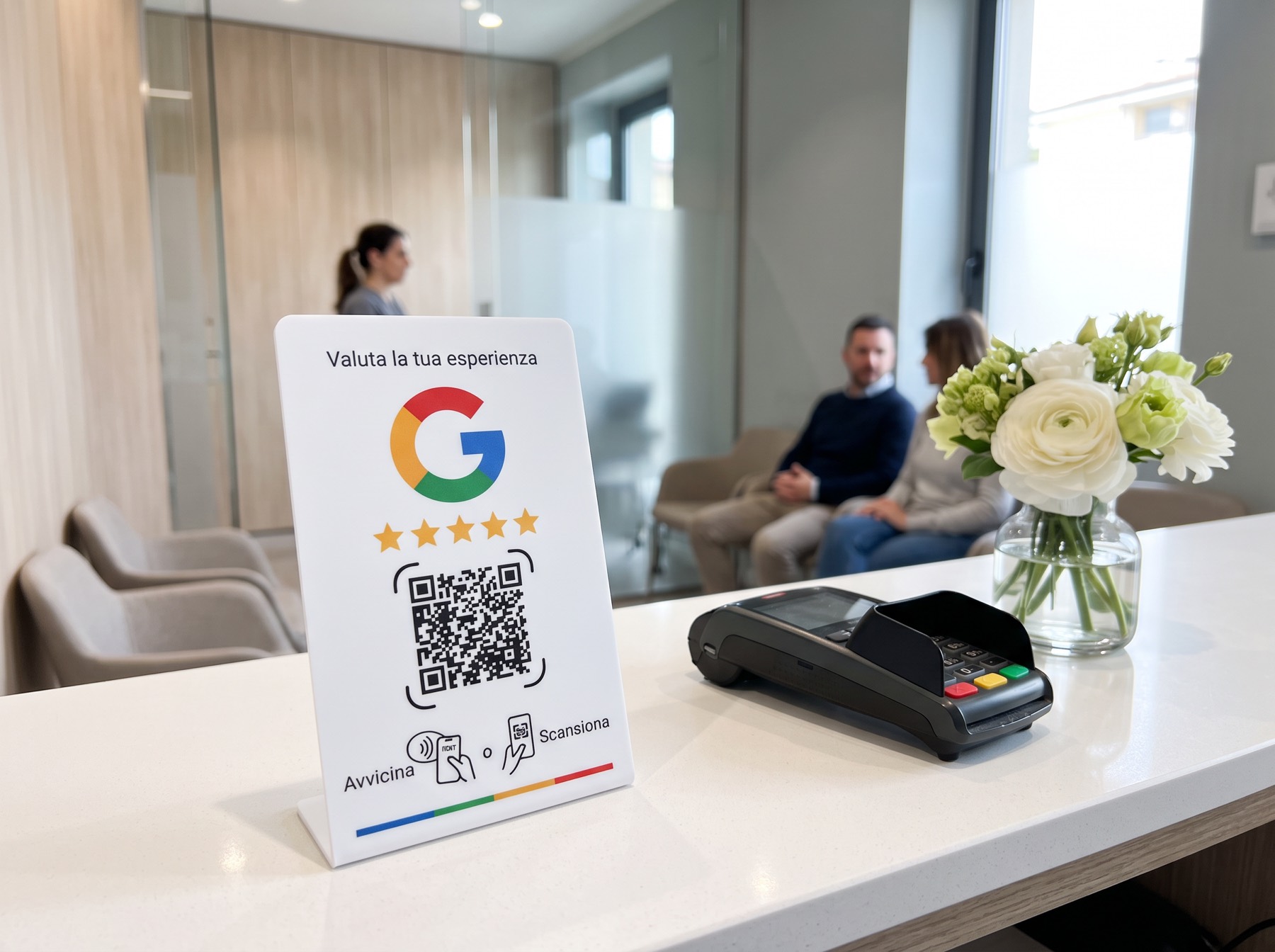 Espositore autoportante per recensioni Google sul bancone accettazione di uno studio dentistico