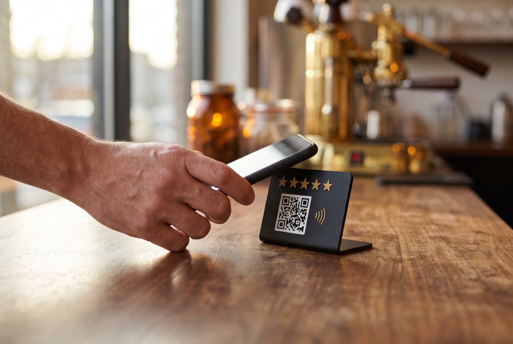 Un cliente appoggia lo smartphone sull'espositore NFC posato sul bancone di un bar