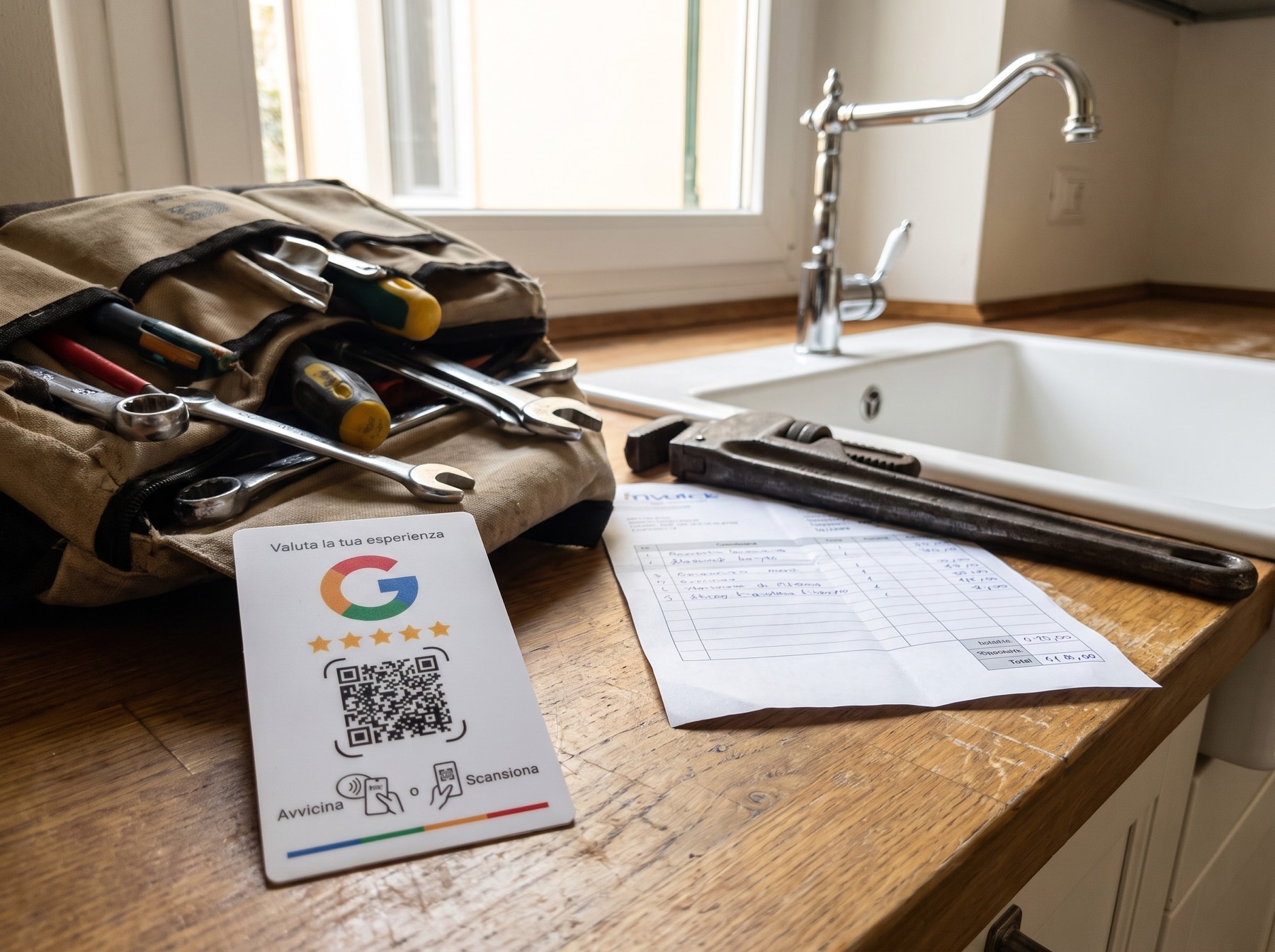 Card NFC per recensioni Google appoggiata sul piano cucina accanto alla borsa attrezzi di un idraulico