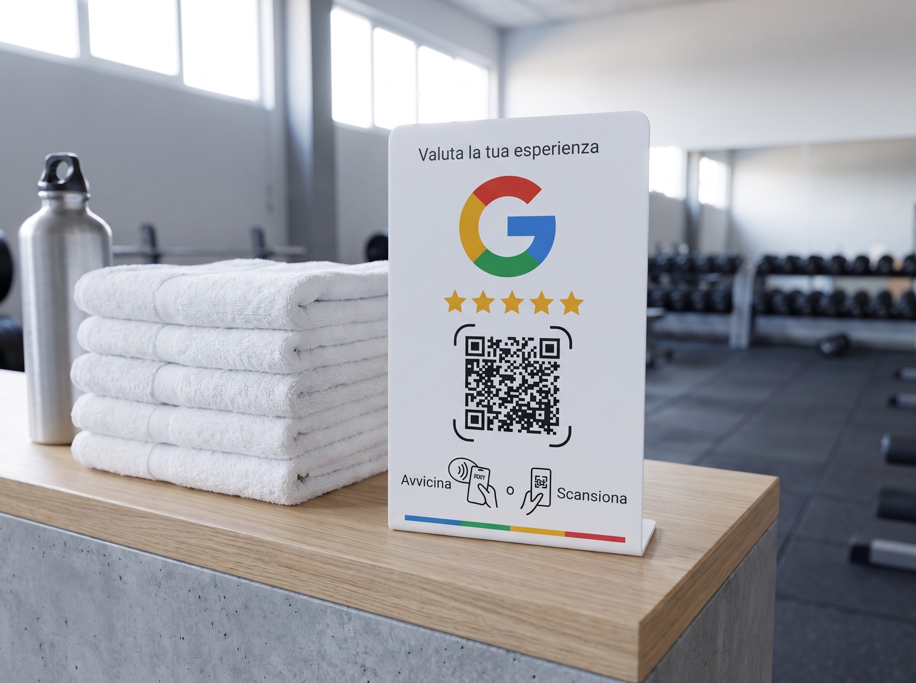 Espositore autoportante per recensioni Google alla reception di una palestra, accanto agli asciugamani