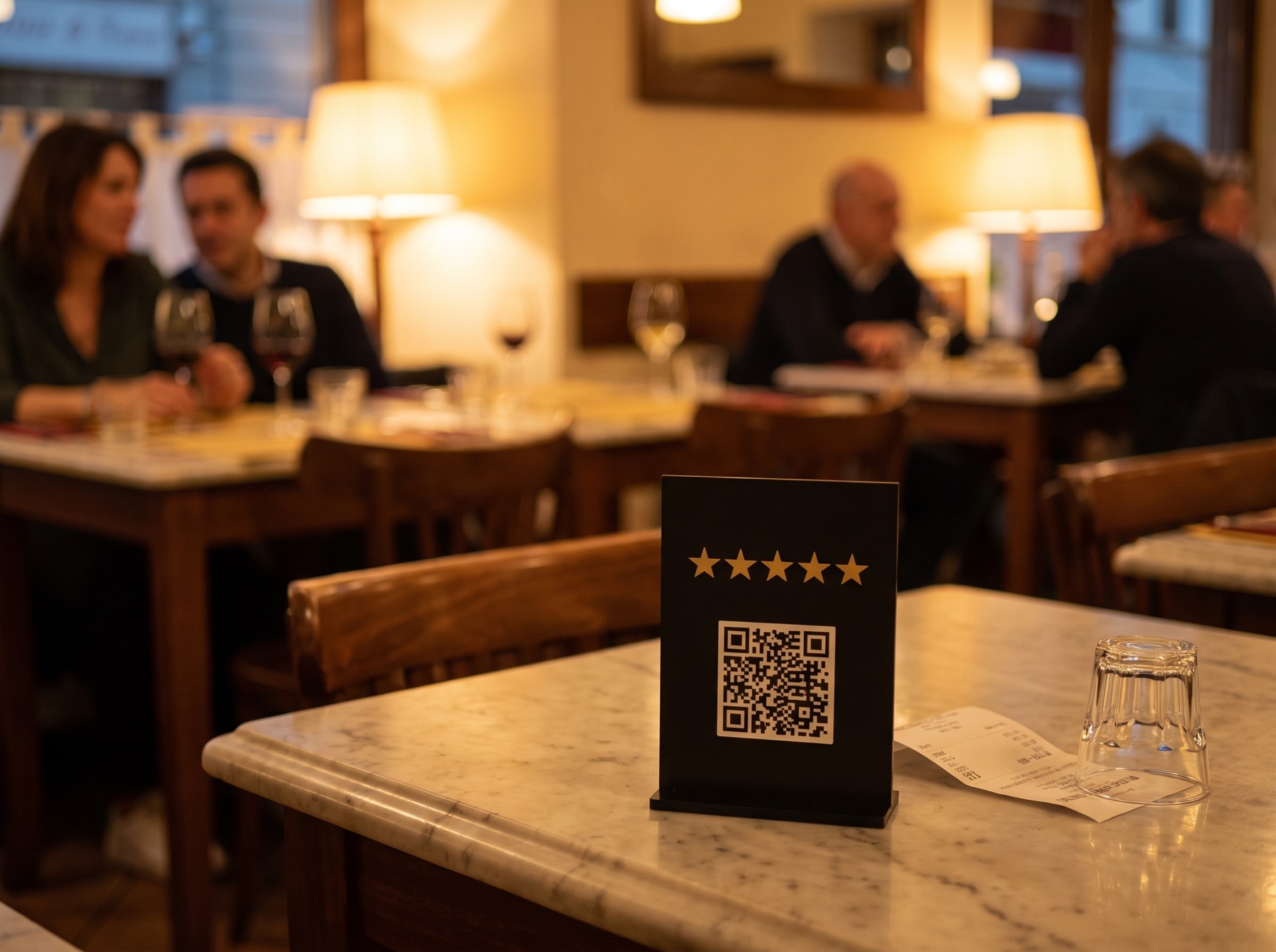 Espositore per recensioni su un tavolo di trattoria accanto al conto